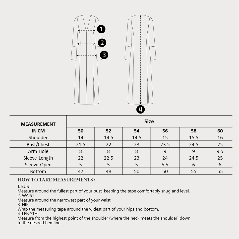 Size Chart for Soft Abaya (S01)